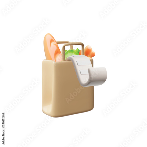 Realistic paper shopping bag with food and check payment, 3D vector cartoon container with bread and vegetables purchase