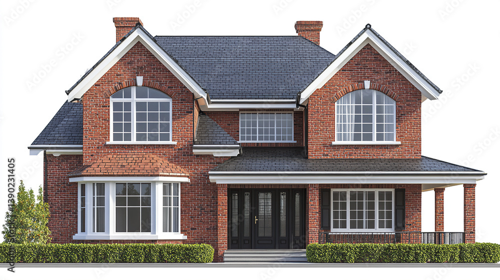 Red brick house with large windows and porch on white background Red brick house with large windows and porch on white background