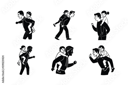 dad giving piggyback ride vector art silhouette