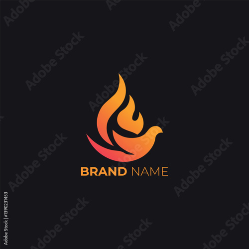 Abstract fiery phoenix bird with dynamic, fiery wings against a dark backdrop logo design
