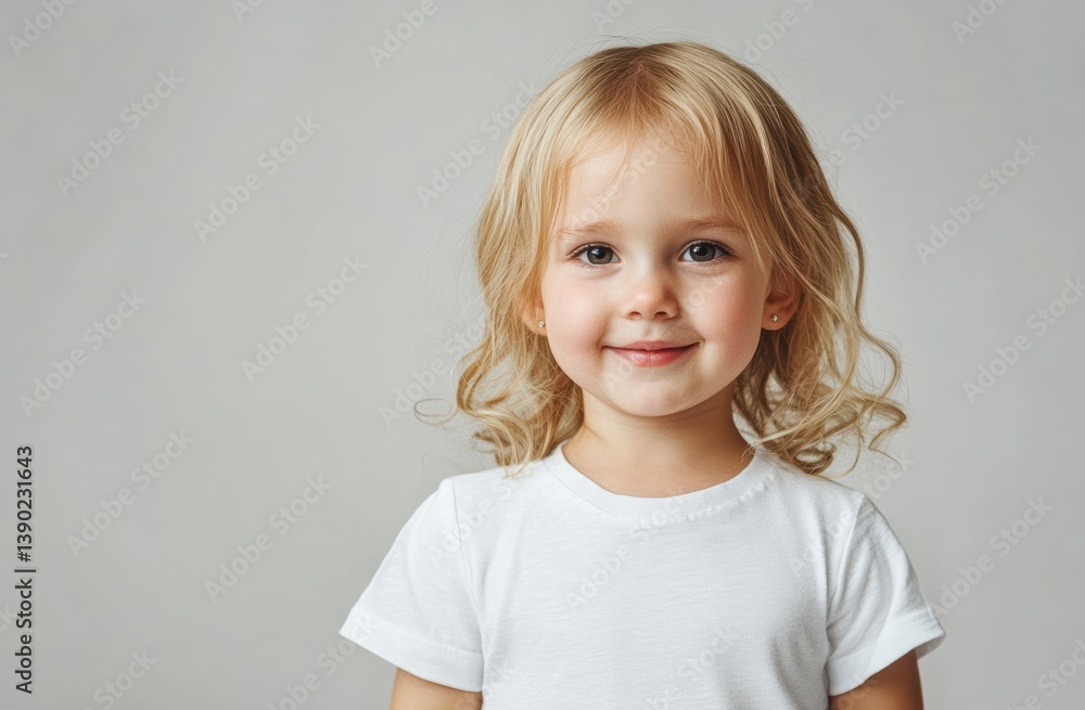 Naklejka premium A young blonde child with long hair smiles gently, wearing a white shirt, against a neutral light background. The child’s soft expression and natural look create a warm, calm atmosphere.