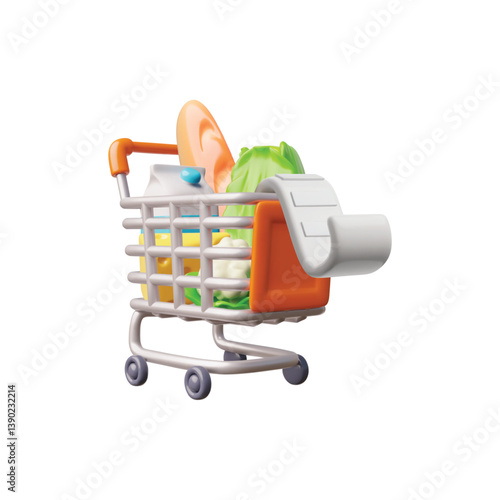 Realistic shopping cart, trolley with food and bill payment 3D cartoon vector icon, metal basket on wheels with purchase