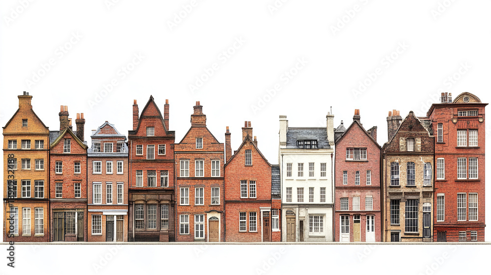 Naklejka premium row of charming red brick buildings on white background