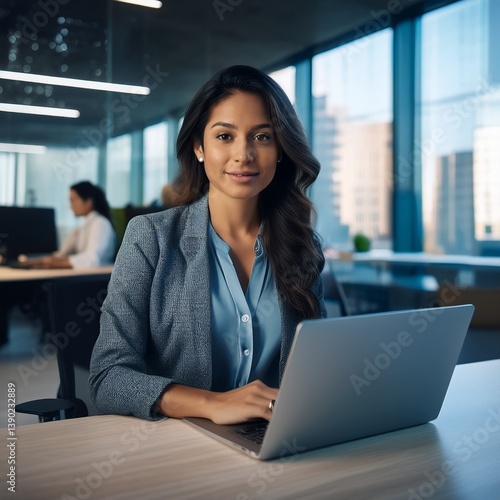 close-up Young professional it specialist latin hispanic business lady working on laptop pc sitting at desk in modern office space. 30s middle eastern indian woman