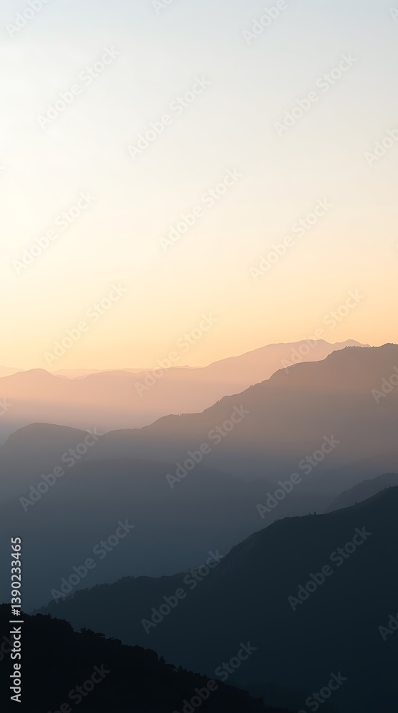 Obraz premium Ultra HD vertical landscape of foggy mountain ridges at sunrise. Pastel sky and warm sunlight create a soft, elegant, and minimal nature scene—ideal for serene visuals.