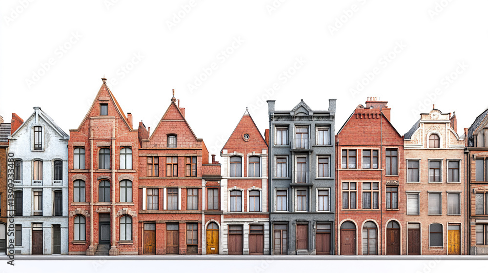 Fototapeta premium row of charming red brick buildings on white background