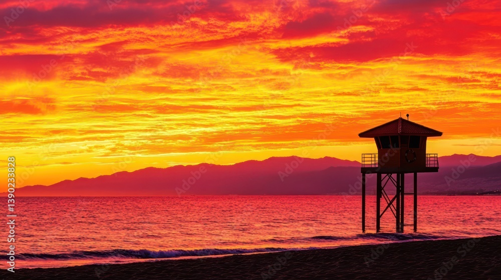 Dramatic Sunset over Beach with Lifeguard Tower Dramatic Sunset over Beach with Lifeguard Tower