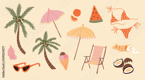 Various doodle clip art. Summer items. Palm trees, beach umbrellas, bikini, sunglasses, watermelon, ice cream cone, coconut halves, orange slices, sun cream tube, striped beach chair, pink seashell