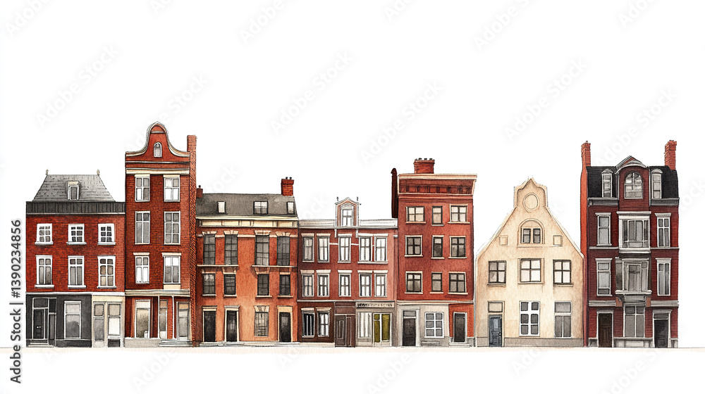 Obraz premium Red brick row of buildings on white background
