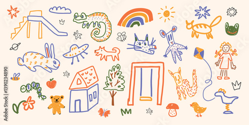 Set of cartoon childish elements including girl, animals, slide, swing, house, rainbow, stars, tree and sun, UFO, kite, planet, and flowers. Flat crayon doodle style. Vector illustration on white.