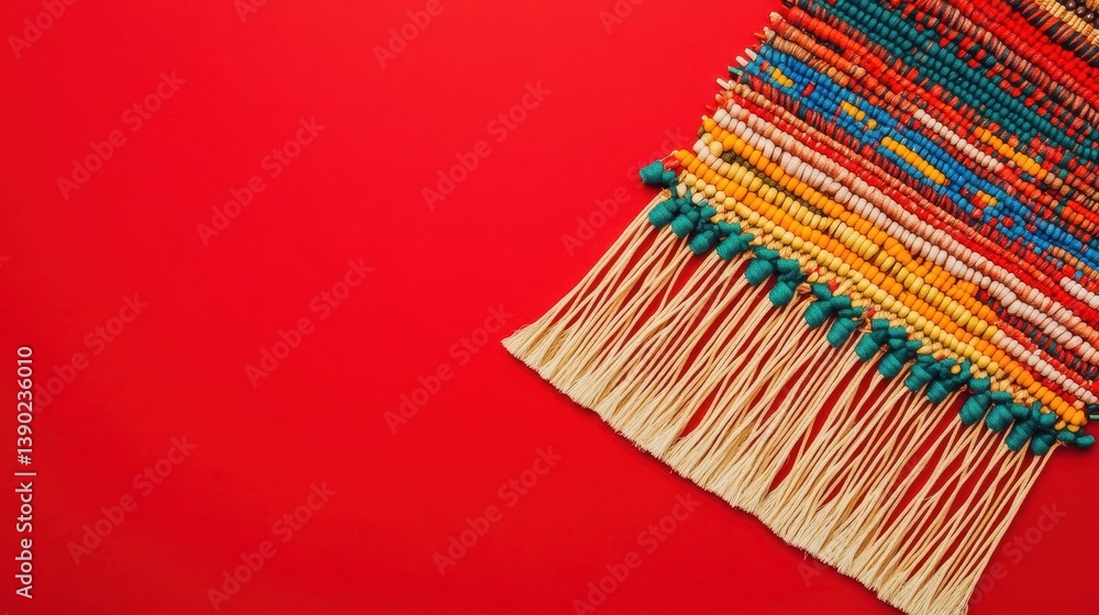 Colorful Woven Mat With Fringes Against a Red Background Colorful Woven Mat With Fringes Against a Red Background