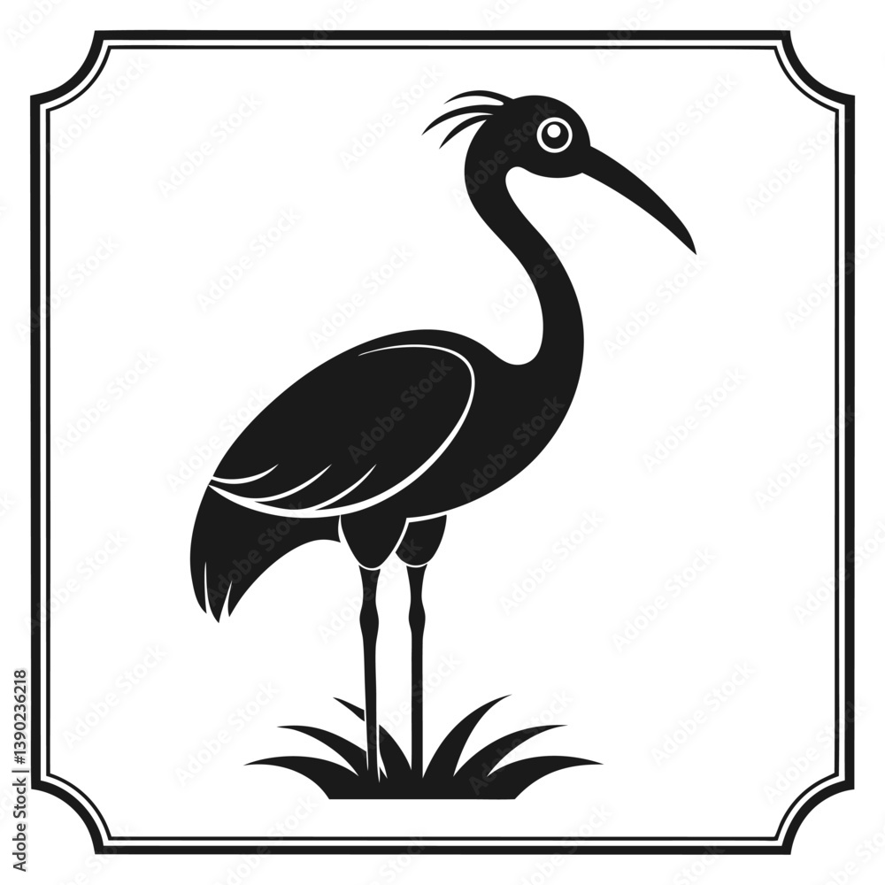 Fototapeta premium Isolated Black Glossy Ibis Bird Graphic With Ornamental Frame Illustration