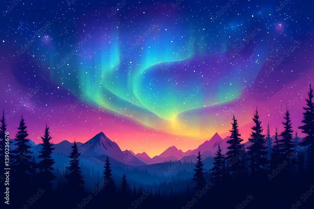 Fototapeta premium Vibrant Aurora Borealis Over Mountainous Wilderness: Enchanting Northern Lights Night Sky