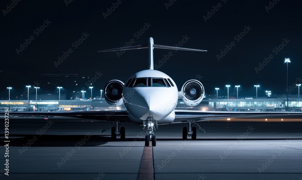 Fototapeta premium A luxurious private plane or jet on the runway at a night airport, illuminated by lights, an epic photo of VIP air transport and the empty runway, AI generated