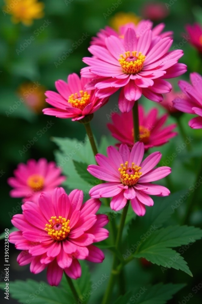 Vibrant pink chrysanthemums in full bloom, garden setting, bud, bloom Vibrant pink chrysanthemums in full bloom, garden setting, bud, bloom