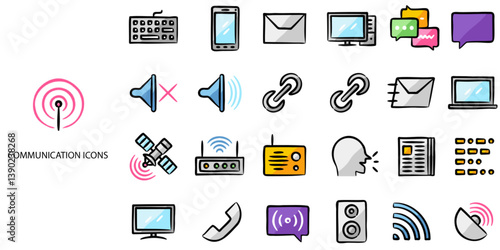 Communication simple concept 24 hand drawn color icons set. Contains such communication, empathy, assertiveness, personality, problem-solving, creativity, punctuality .Vector illustration.