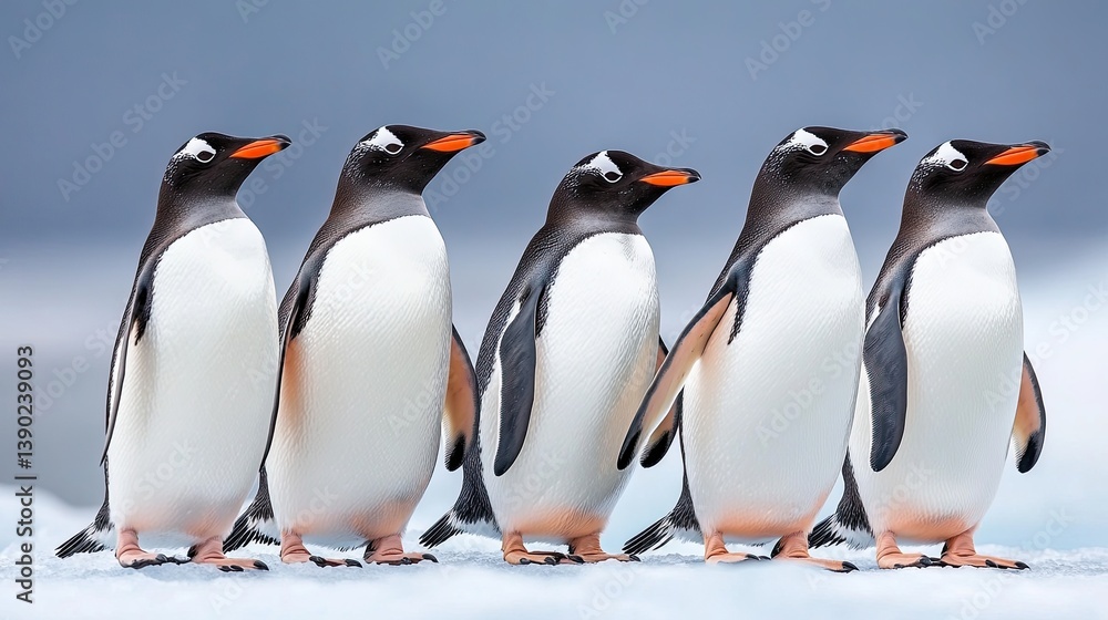 Fototapeta premium Group of Five Elegant Penguins Standing in a Row on Ice
