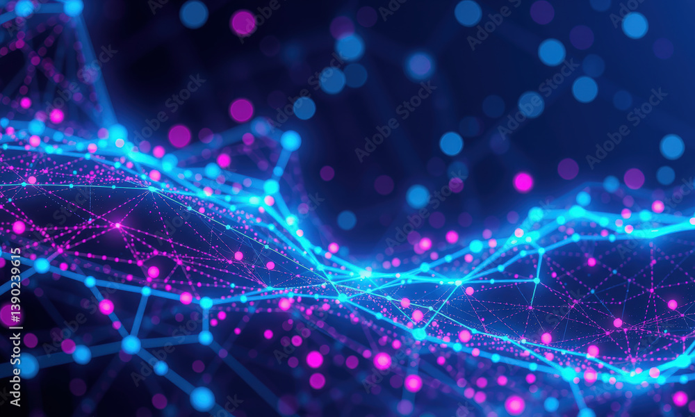 Obraz premium vibrant digital network visualization featuring interconnected nodes and lines in shades of blue and pink, creating dynamic and energetic atmosphere