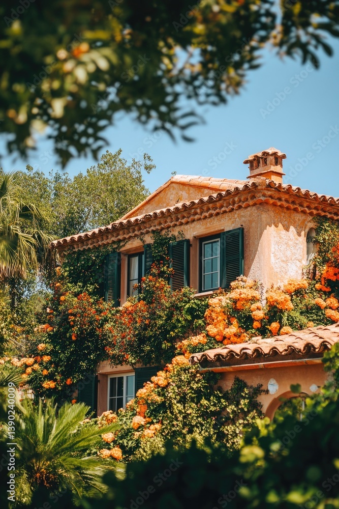 Fototapeta premium House with Orange Flowers and Green Shutters