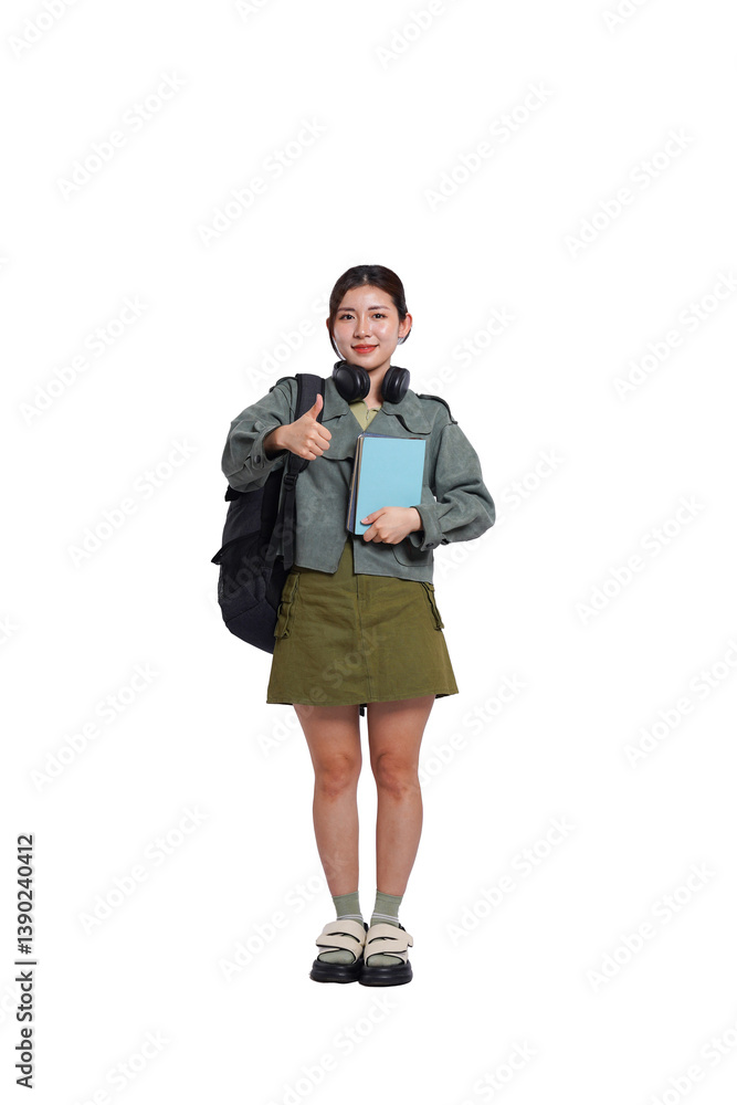 Portrait of Asian female student wearing backpack, headphones, fashionable clothes, posing dynamically on white background
Portrait of Asian female student wearing backpack, headphones, fashionable clothes, posing dynamically on white background