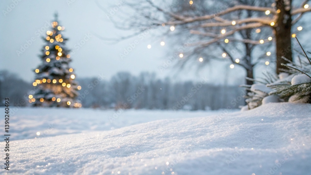 Fototapeta premium Empty white snow with blur Christmas tree with bokeh light background