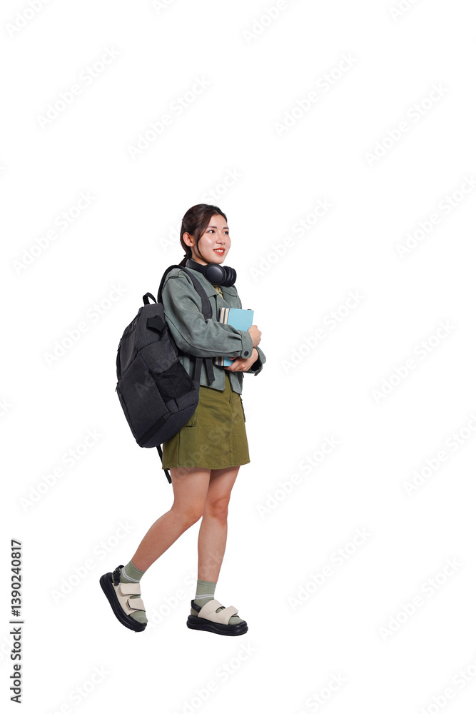 Portrait of Asian female student wearing backpack, headphones, fashionable clothes, posing dynamically on white background
Portrait of Asian female student wearing backpack, headphones, fashionable clothes, posing dynamically on white background