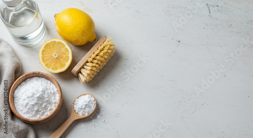 Baking soda with a lemon, vinegar bottle, and cleaning brush, DIY home cleaning concept