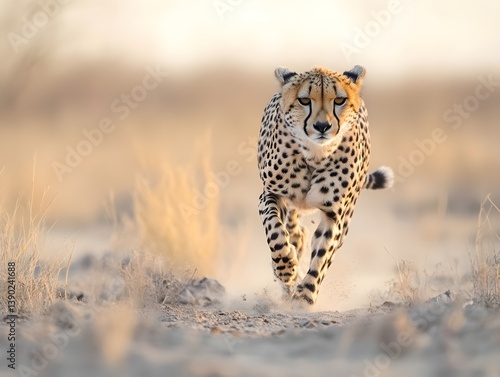 A cheetah runs through the savannah