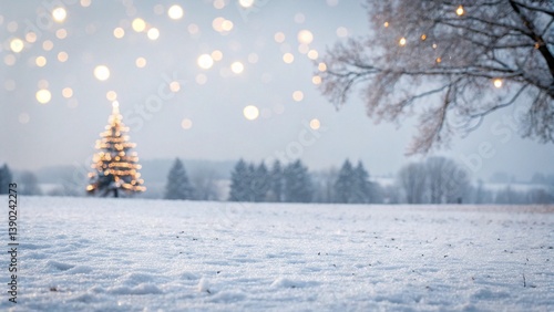Empty white snow with blur Christmas tree with bokeh light background