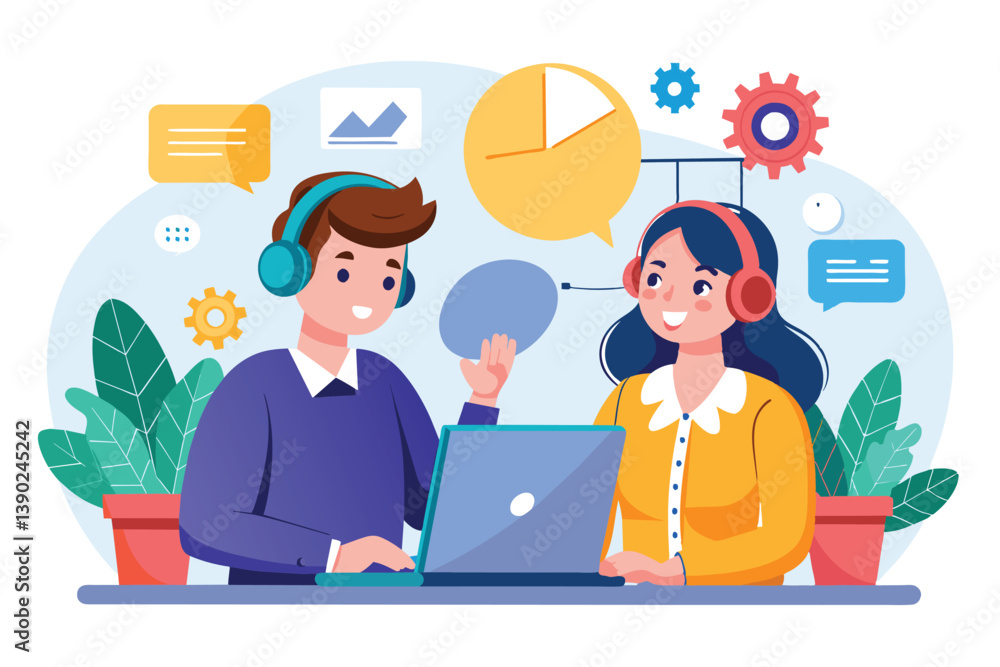 Two cartoon customer service representatives are smiling and talking to each other while using a laptop and wearing headsets. Two cartoon customer service representatives are smiling and talking to each other while using a laptop and wearing headsets.