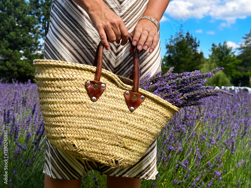 A beautifully stylish basket filled with fragrant lavender set in a vibrant field, ideal for floralthemed designs photo