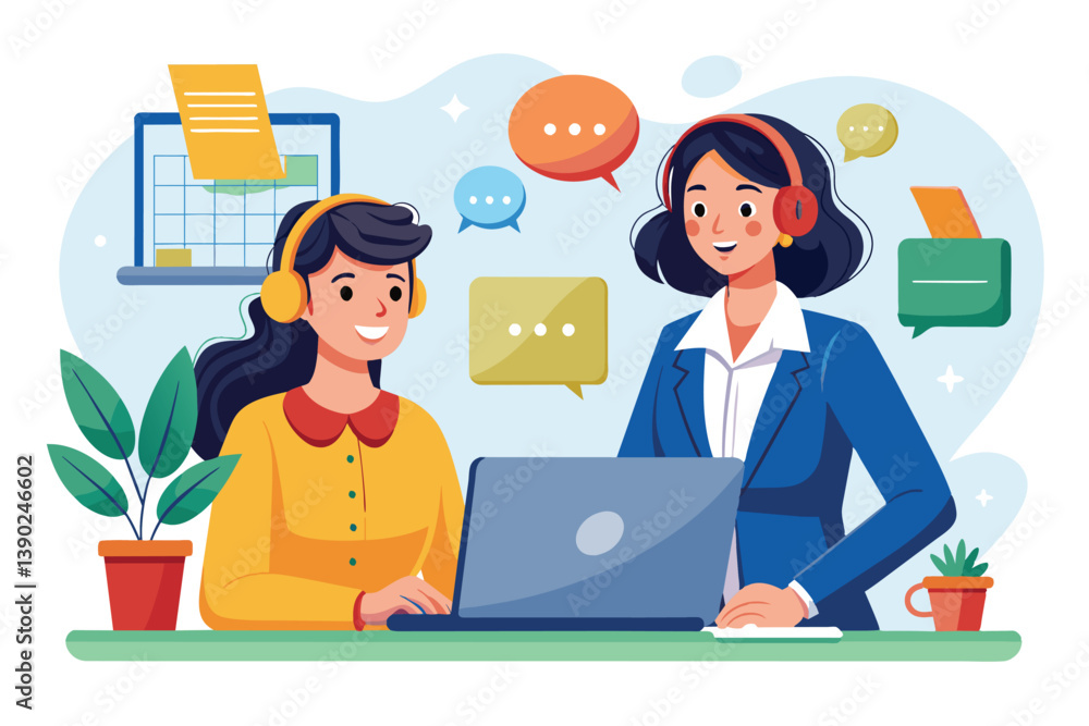 An illustration of two women working together on a laptop in an office setting. They both have headsets on and are smiling, suggesting a collaborative and positive work environment. An illustration of two women working together on a laptop in an office setting. They both have headsets on and are smiling, suggesting a collaborative and positive work environment.