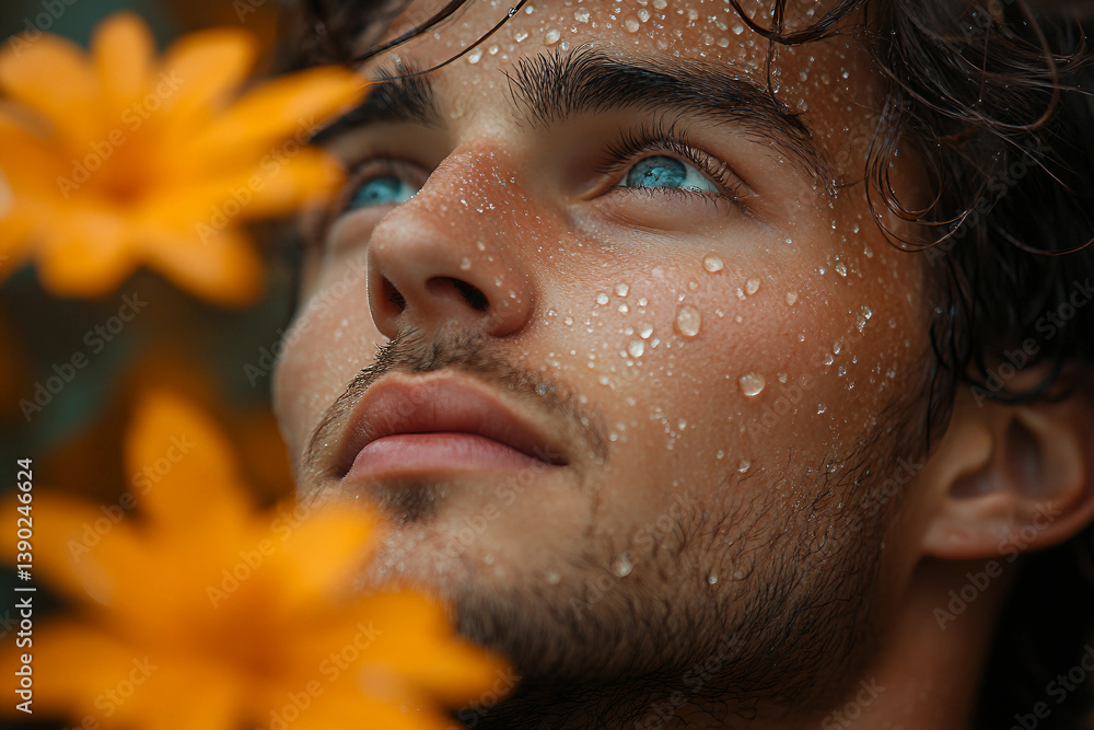 Obraz premium Generative AI image of a young man in a yellow raincoat admiring the spring rain among blooming flowers