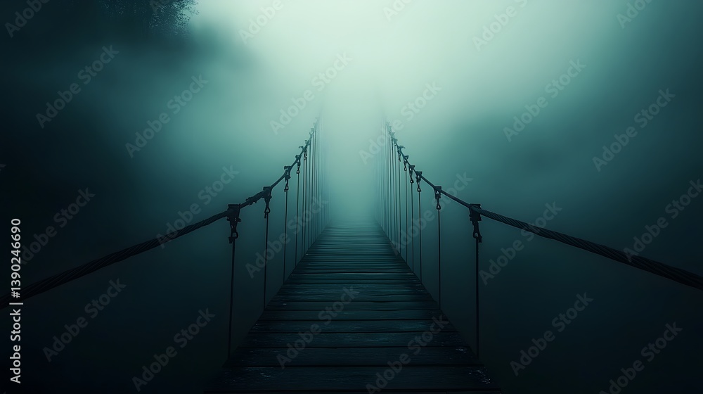 Obraz premium Dramatic Hanging Bridge Shrouded in Enigmatic Fog with Mystical Suspension Cables and Surreal Sky