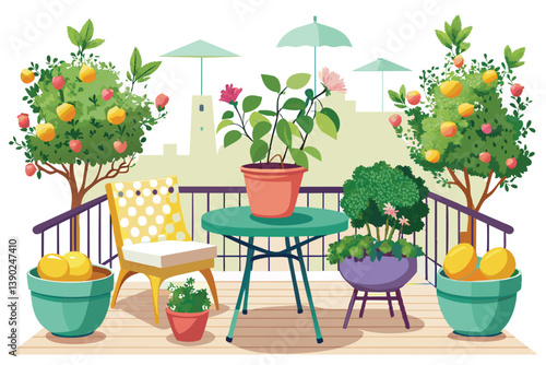 A cartoon illustration of a balcony garden with several plants, flowers, a table with a chair, and an umbrella.