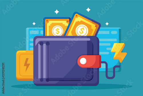 Illustration of a digital wallet with cash and a lightning bolt icon, representing digital currency or payments.