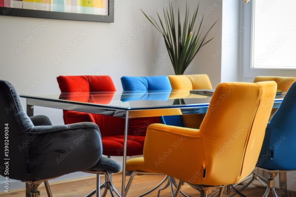 Fototapeta premium sleek office with a small conference table and vibrant seating for casual talks