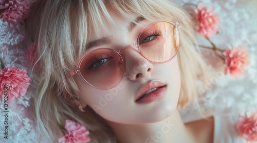 Laying on flowers with pink sunglasses