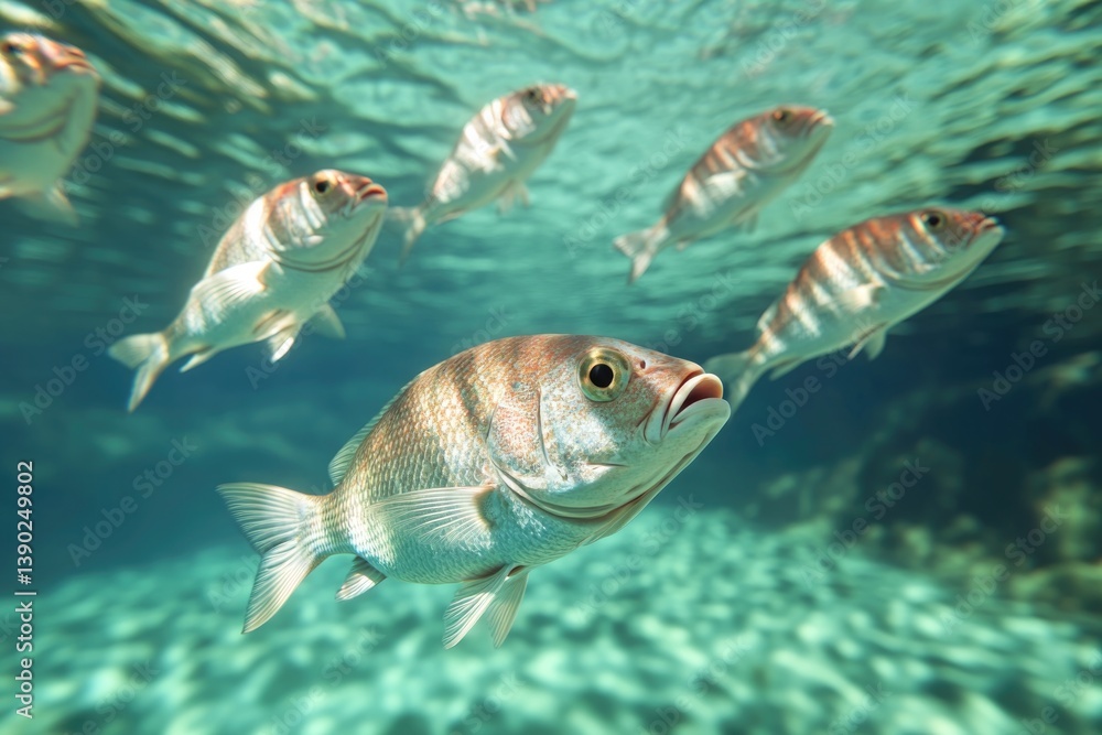Underwater scene showcasing schools of shiny fish gracefully swi Underwater scene showcasing schools of shiny fish gracefully swi