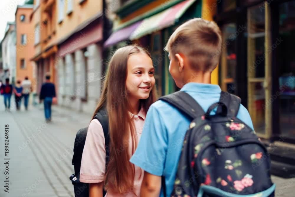 Portrait of boy and girl in the street with backpacks on their first day of school Portrait of boy and girl in the street with backpacks on their first day of school