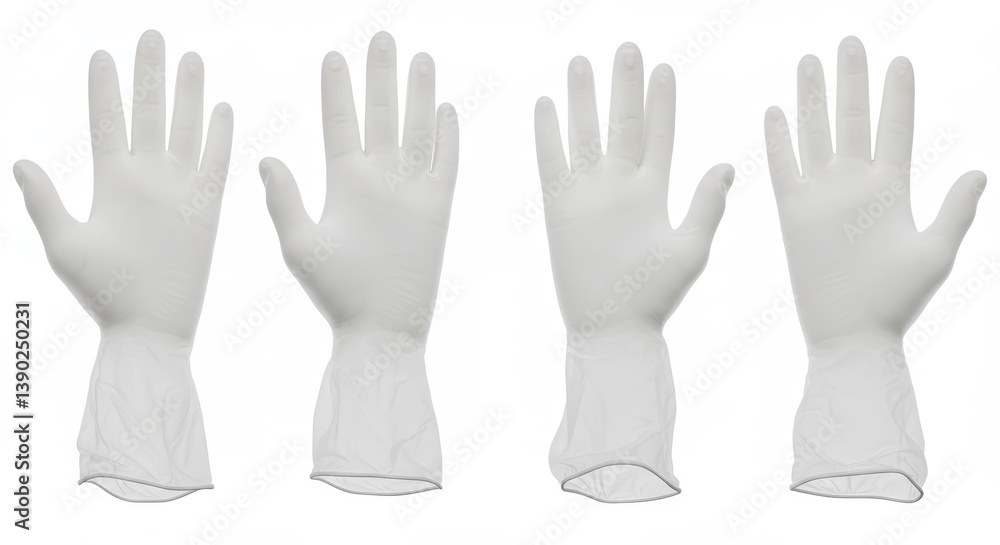 Fototapeta premium Four polyethylene gloves arranged against a pristine white backdrop showcasing minimalist elegance