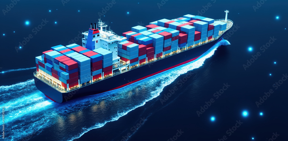 large cargo ship navigates through ocean, digital logistics and payments with enhanced security features
