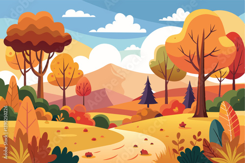 A picturesque digital illustration of an autumnal forest path with colorful trees and a winding trail.