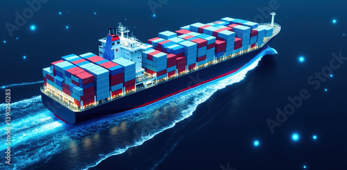 large cargo ship navigates through ocean, digital logistics and payments with enhanced security features