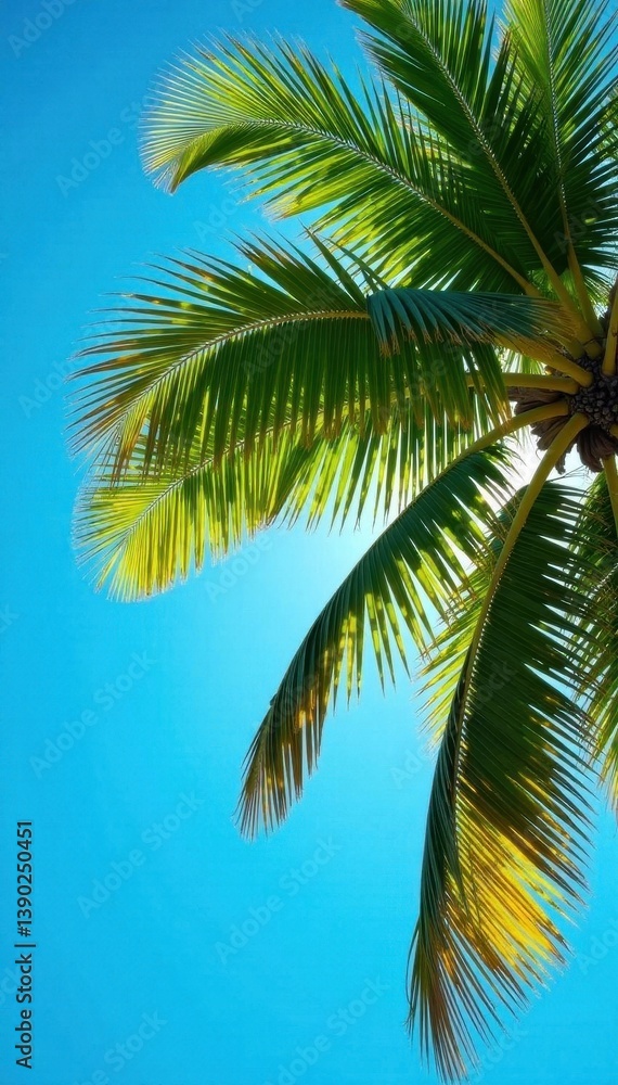 Obraz premium Palm tree's crown against vibrant blue sky, sunlit fronds , leaves, silhouette