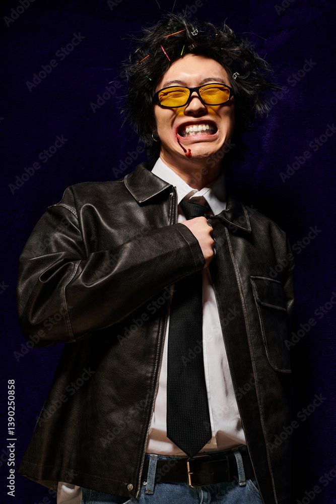 Fototapeta premium Stylish asian man showcasing bold fashion choices for spring in studio environment