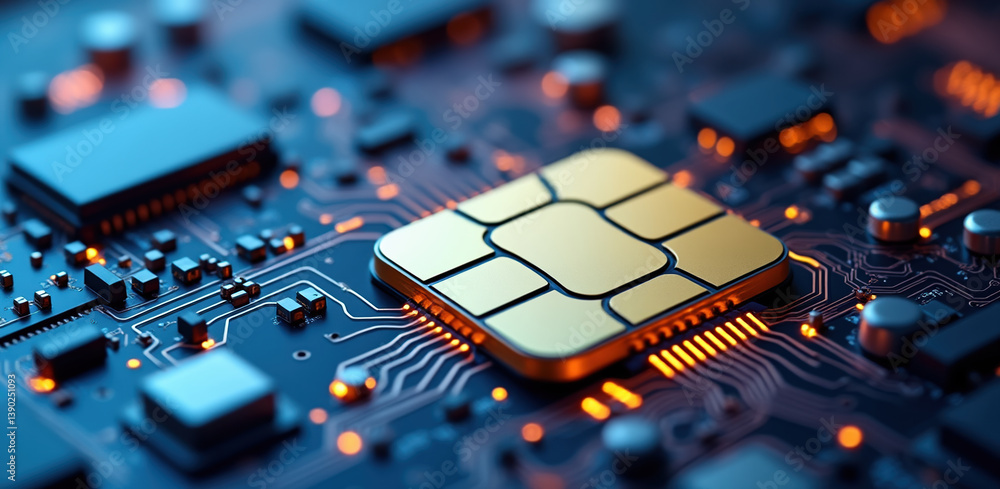 close up view of digital circuit board featuring golden chip, symbolizing integration of digital payments, security, and logistics in technology