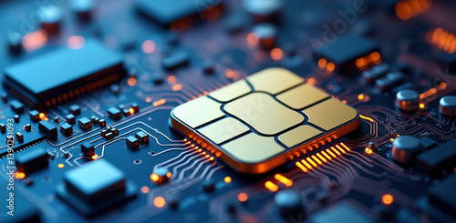 Obraz na płótnie close up view of digital circuit board featuring golden chip, symbolizing integration of digital payments, security, and logistics in technology w salonie
