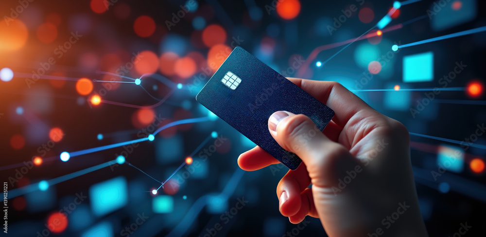 hand holds card symbolizing digital payments, security and logistics in vibrant network of connections