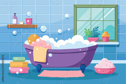 A cartoon illustration of a relaxing bubble bath in a colorful bathroom. The bathtub is full of foamy bubbles and surrounded by towels and bath accessories.